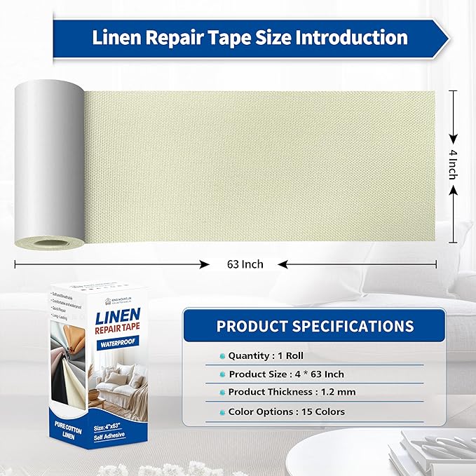 KING MOUNTAIN Linen Repair Patches, Self-Adhesive Fabric Patches, 4 X 63 inch Extra Size, Multi Color, Can be Used for Sofa Repair and Linen Clothes Repair (Beige2.0)