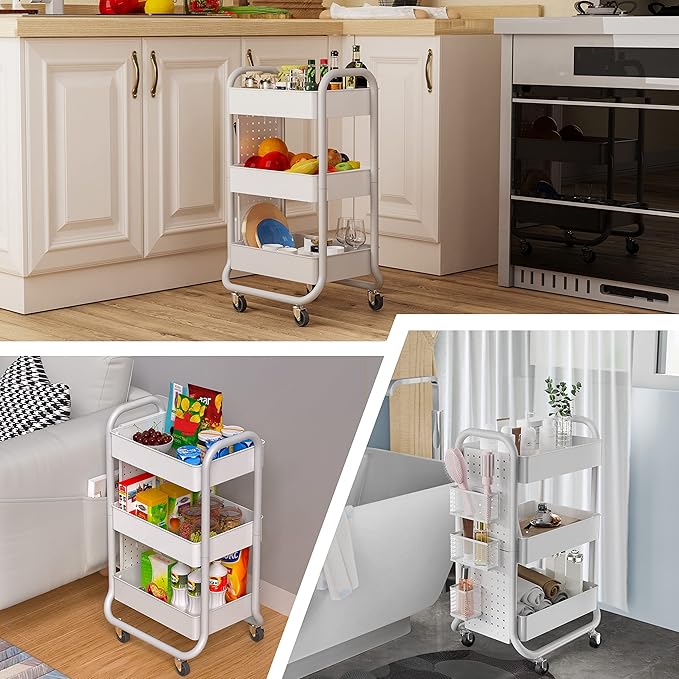 DESIGNA 3-Tier Rolling Cart, Utility Cart with Handle, Extra 3 Storage Accessories, Removable Pegboard, Easy Assembly Craft Carts for Kitchen, Bathroom, Office, Metal, White