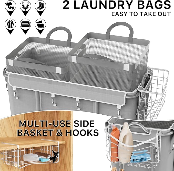 Simple Houseware Extra Large Rolling Laundry Cart – Heavy Duty Hamper with 2 Removable Bags & 6 Smooth Wheels – Commercial Laundry Organizer for Home, Hotel, Dorm, Gym, Gray