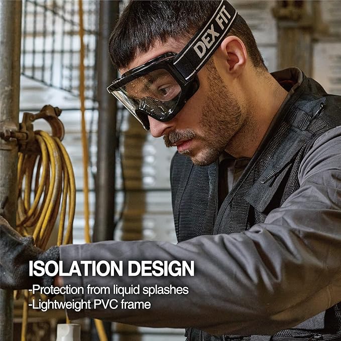 DEX FIT Protective Safety Goggles SG220B; Anti Fog & Scratch, Z87 Eye Protection for Lab, Science, and Chemistry Work, Indirectly Vented, Adjustable for Women and Men, (Black Frame, Clear Lens)