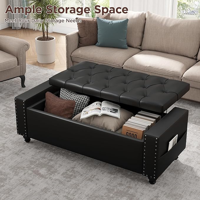 Maupvit Storage Ottoman Bench, 49 Inch Bedroom Bench, Upholstered Ottoman with Storage, Entryway Bench with Tufted Button, Faux Leather Window Bench for Bedroom, Living Room, Entryway, Hallway, Black