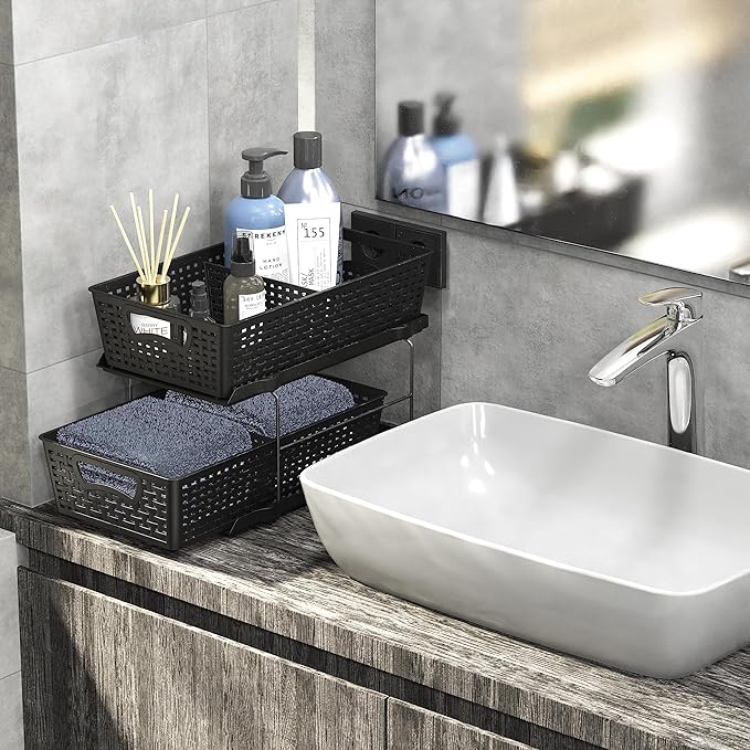Simple Houseware 2 Tier Bathroom Organizer Tray Pull-Out Sliding Drawer/Under-Sink Storage, Black
