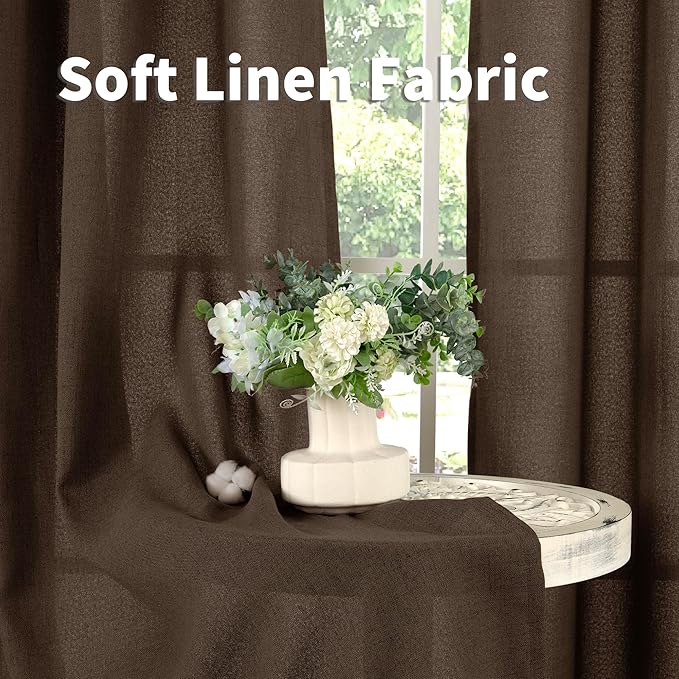 YoungsTex Dark Brown Linen Curtains for Living Room 2 Panels, Chocolate Light Filtering Window Drapes with Rod Pocket Back Tab Textured Semi Sheer for Dining Bedroom, 52 X 72 Inch