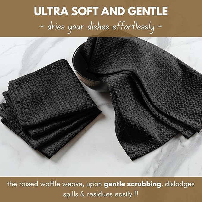 Native Fab Cotton Kitchen Towel with Hanging Loop 16x26 inches, 4-Pack, Waffle Weave Kitchen Towels for Cleaning Drying, Washcloths Soft & Absorbent Cloth Rags, Bar Towel, Dish Cloth, Black