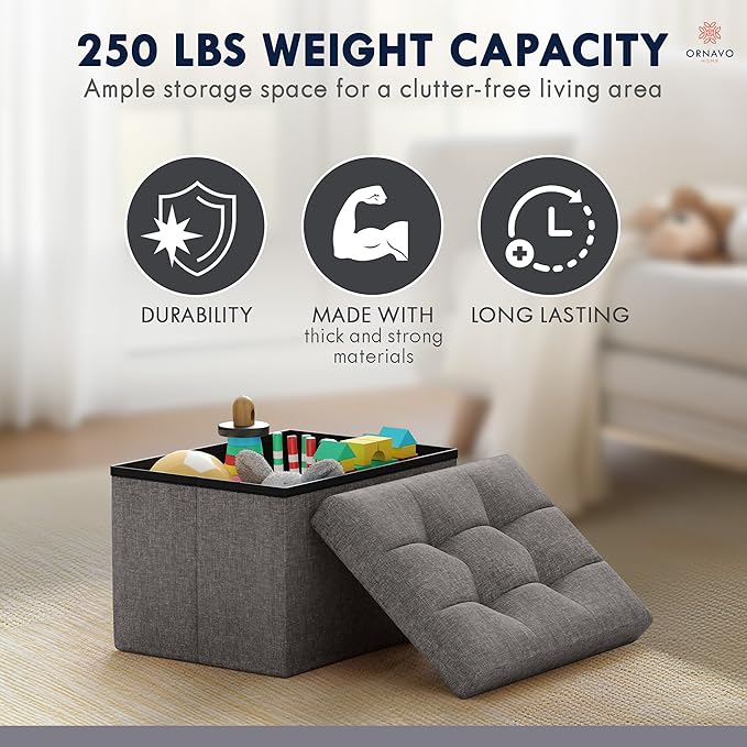 Ornavo Home Small Storage Ottoman Foldable Collapsible Rectangle Linen Ottoman Foot Rest Stool Seat, for Living Room, Bedroom, Home Office, Dorm - 12 x 16 x 12, Dark Gray