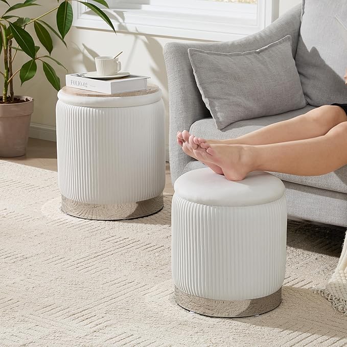 Royal Windsor Round Ottoman with Storage Set of 2, Vanity Stool with Storage for Bedroom, Ottoman Coffee Table Silver-Tone Ring Around The Base, Small Velvet Foot Stool for Living Room, White