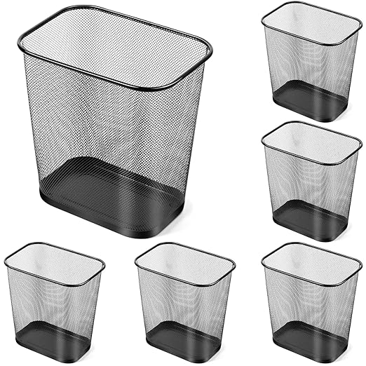 Nuanchu 6 Pcs Mesh Square Trash Cans 4 Gallons Wire Wastebasket for Home Black Metal Office Garbage Cans Rectangular Trash Bin for Kitchen Bathroom Bedroom, 11.7 x 8.5 x 11.8 Inch (Black)
