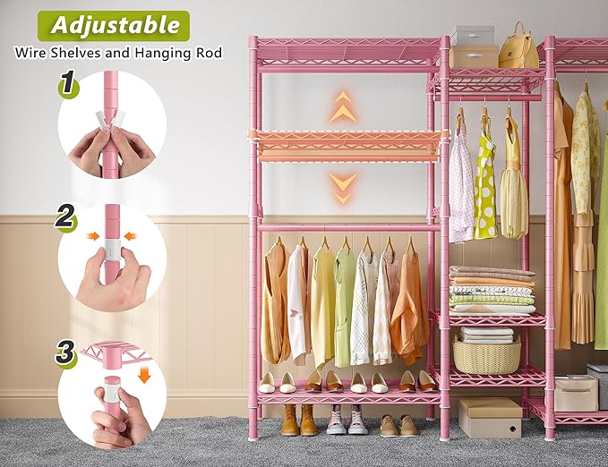 Raybee Clothing Racks for Hanging Clothes Heavy Duty Clothes Rack Load 750LBS clothes rack, 77" H x 70.5" W x 13.8" D, Pink