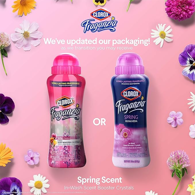 Clorox Fraganzia Laundry Scent Booster Crystals in Spring Scent - Scented In-Wash Freshener Beads for Fresh, Clean, Great Smelling Clothes and Linens, 18 Oz - 2 Pack