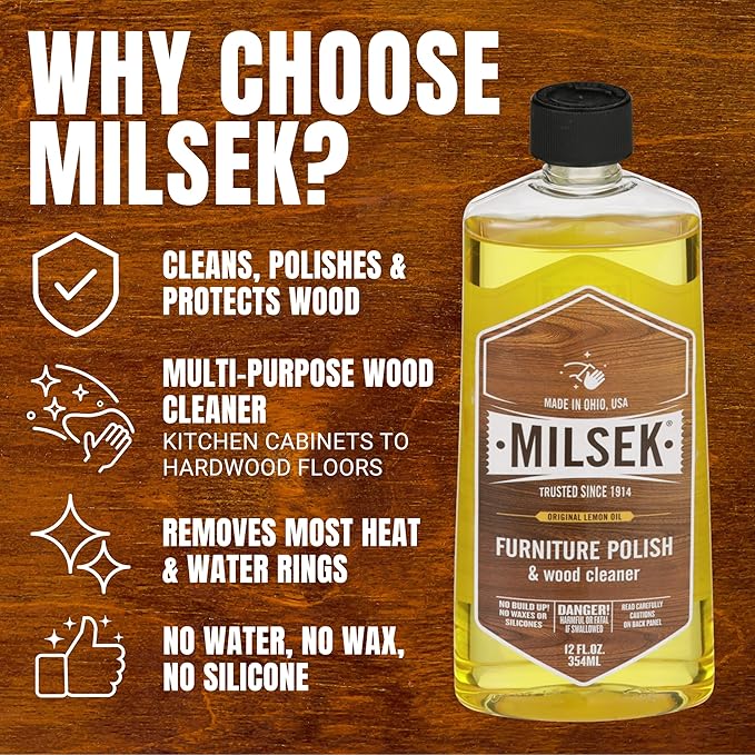 Milsek Furniture Polish and Wood Cleaner with Lemon Oil - Multipurpose Solution for Home Improvement from Hardwood Floors to Kitchen Cabinets - 12 Fl Oz (Pack of 1)