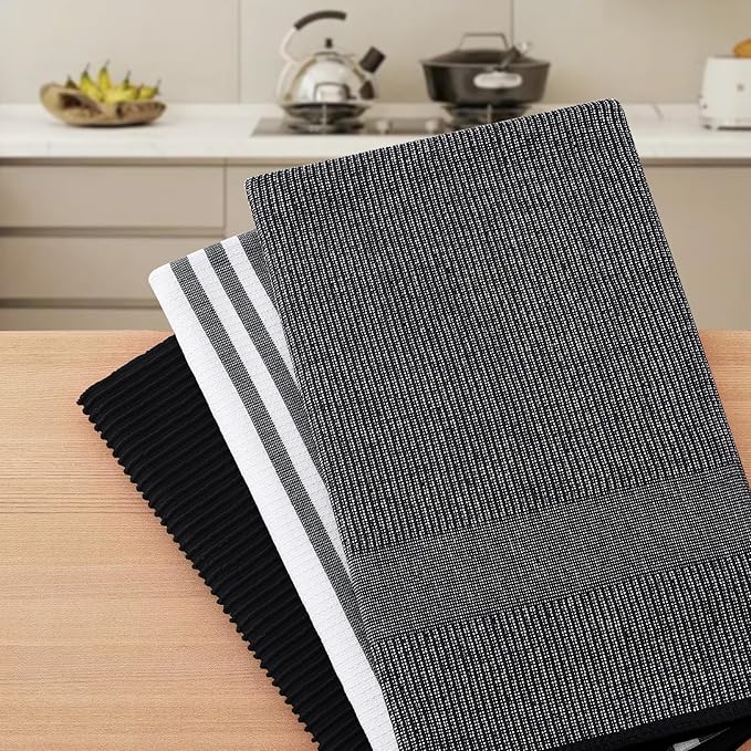 Homaxy Premium Kitchen Towels(18”x 28”, 6 Pack), Large Cotton 380 GSM Kitchen Hand Towels, Soft and Absorbent Terry Dish Towels, Multipurpose Tea Towel Set with Hanging Loop, Black