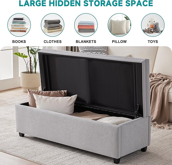50" Storage Ottoman Bench, Tufted Ottoman with Storage for Living Room, Large End of Bed Ottomans, Modern Entryway Benchs, Window & Bedroom Benches for Foot of Bed (LightGray)