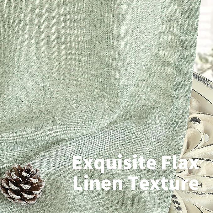 YoungsTex Sage Green Linen Semi Sheer Curtains 45 Inch Length for Kitchen Window, Light Filtering Short Drapes with Rod Pocket Back Tab for Bathroom Bedroom, 2 Panels, 42 X 45 Inch