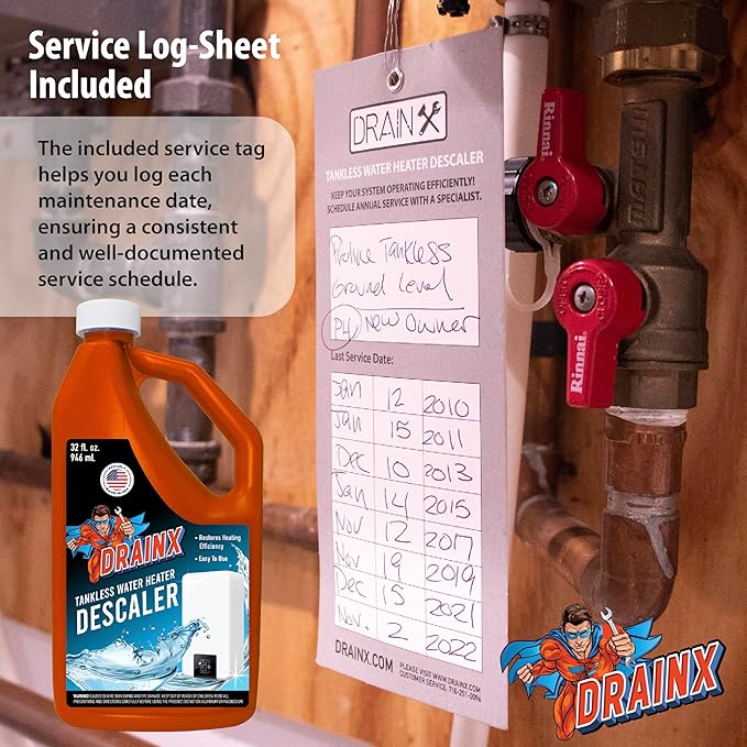 DrainX Tankless Water Heater Flushing Kit Includes Submersible Pump, Hoses, Liquid Descaler Solution, and Measuring Bucket