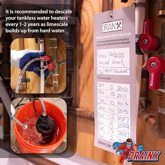 DrainX Tankless Water Heater Flushing Kit Includes Pump, Hoses, 5-Gallon Bucket, Concentrated Vinegar, and Replacement Filter for Rinnai Systems