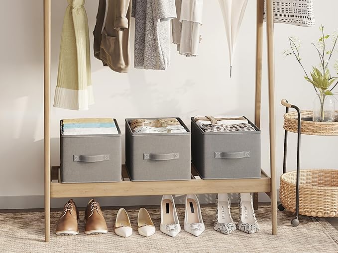 3 Pack Fabric Storage Bins for Shelves | 16.25x12x10in Closet Storage Baskets | Collapsible Storage Bins |Fabric Closet Organizers with Handles | Grey