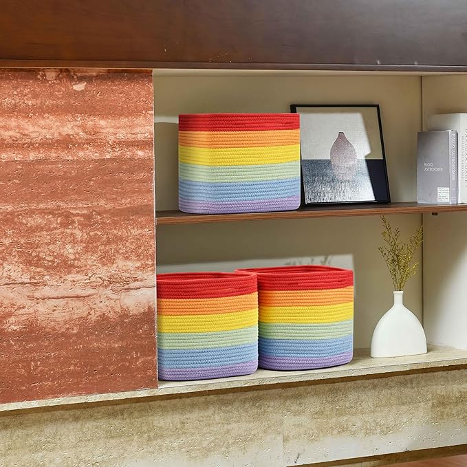 3 Pack Storage Cubes 11 Inch Cotton Rope Woven Baskets for Organizing Cube Bin Square Shelves Organizer,Classroom,Kids Toy Bins,Closet,Baby Nursery(Rainbow)