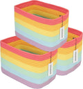 3-Pack Rainbow Storage Baskets 14.5X9.5X9.3“ – Woven Toy Organizer Bins for Kids, Baby Room, Nursery, and Classroom – Cute Square Rope Baskets for Shelves and Organization Rainbow