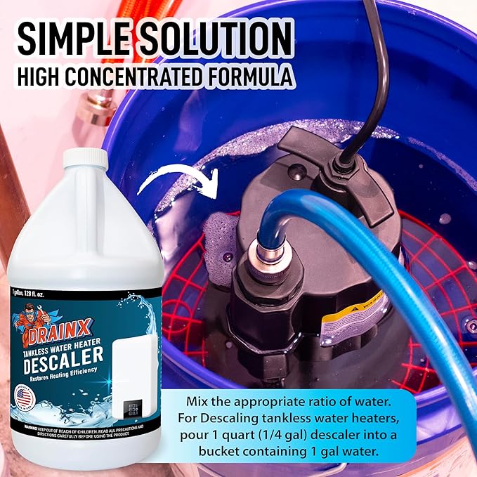 DrainX Tankless Water Heater Descaling Solution | Highly Effective Descaler Restores Heating Efficiency, Gallon, 128 fl oz