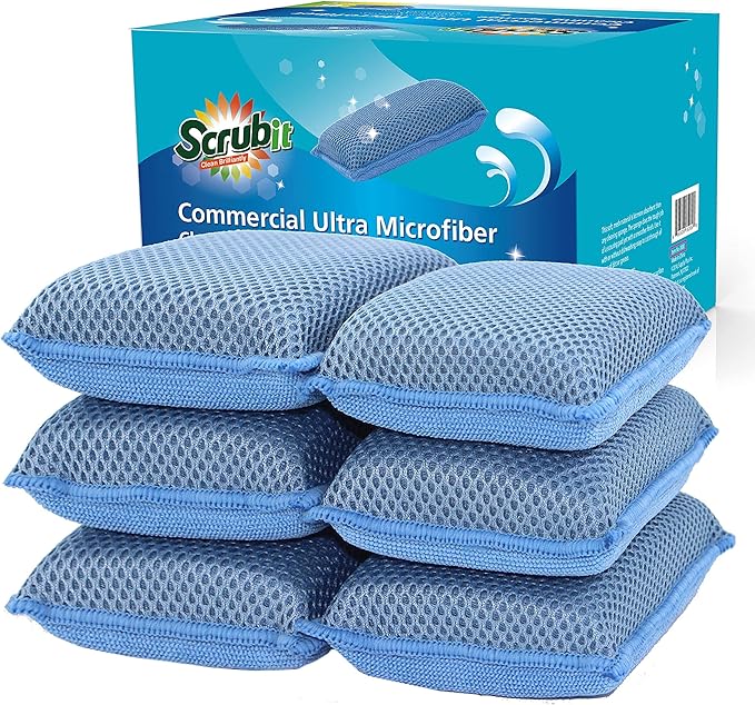 Miracle Microfiber Kitchen Sponge by Scrub-It (6 Pack) - Non-Scratch Heavy Duty Dishwashing Cleaning sponges- Machine Washable - (Blue)