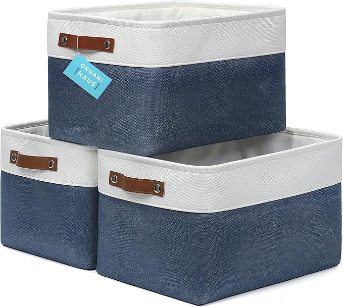 OrganiHaus Large Fabric Storage Baskets for Shelves 3 Pack, 15x11in Closet Storage Bins for Shelves, Cloth Baskets for Organizing, Linen Closet Organizers, Fabric Basket - Navy Blue/White