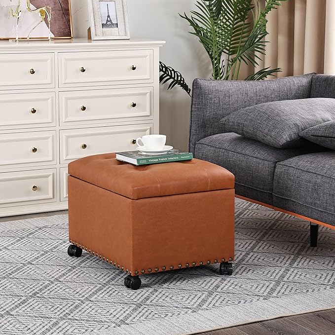 24" Square Ottomans with Storage, Leather Ottoman with Storage with Lockable Wheels and Hight Loading, Foot Stool Ottoman with Wheels for Makeup Room, Dorms and Apartments (Orange Brown)