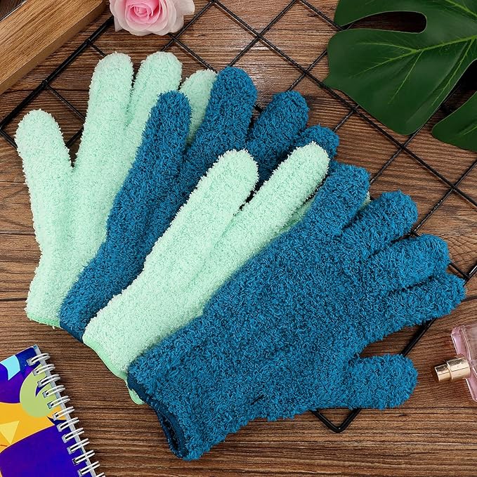 Patelai 2 Pairs Microfiber Gloves for plants Dusting Cleaning Glove Mittens House Cars Blinds Dusting(Blue, Grass Green, X-Large)