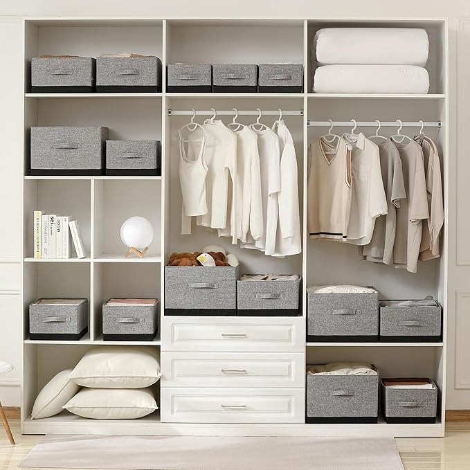 Linen Folding Storage Bins, 3 Pack Large Storage Baskets, Washable, Clothing Storage Bins with Handle, Closet Organizer for Storage Sweater,Sheets (gray black, 18½"x11"x8½")