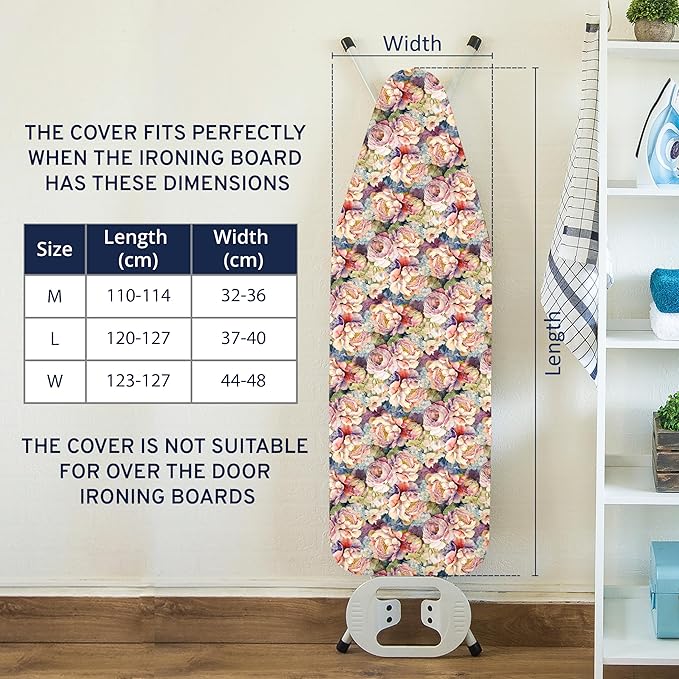Encasa XO Ironing Board Cover and Pad 54"x15" - Free Silicone Iron Rest & Mesh Cloth - 4mm Felt, Large Iron Board Cover with Padding - Heat Resistant, Non Slip Drawstring Wildflowers