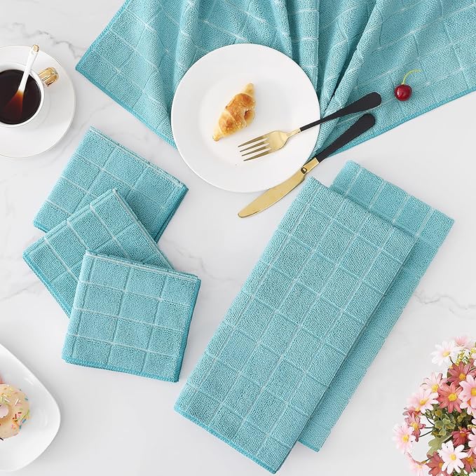 Homaxy Microfiber Kitchen Towels and Dishcloths Set, 12 Pack Soft and Absorbent Dish Hand Towels Bulk, 28 x 16 Inch & 12 x 12 Inch Quick Drying Rags for Washing Dishes, Lake Blue