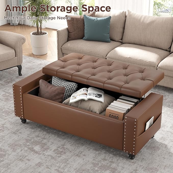 Maupvit Storage Ottoman Bench, 49 Inch Bedroom Bench, Upholstered Ottoman with Storage, Entryway Bench with Tufted Button, Faux Leather Window Bench for Bedroom, Living Room, Entryway, Hallway, Brown