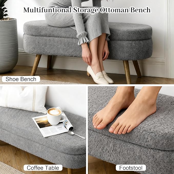 Storage Bench, 43" Storage Ottoman Bench, Shoe Storages Benches for Bedroom, Upholstered Entryway Benches with Seating, Rubber Wood Legs for Bedroom, Living Room, Entryway, Bed Side, Dark Gray