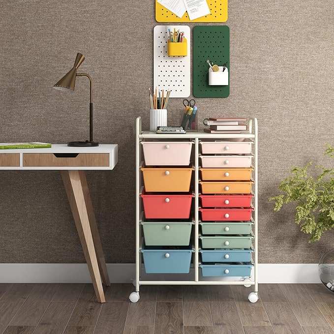 GOFLAME 15-Drawer Rolling Storage Cart, Multipurpose Movable Organizer, Utility Cart for Home, Office, School, Macaron Color