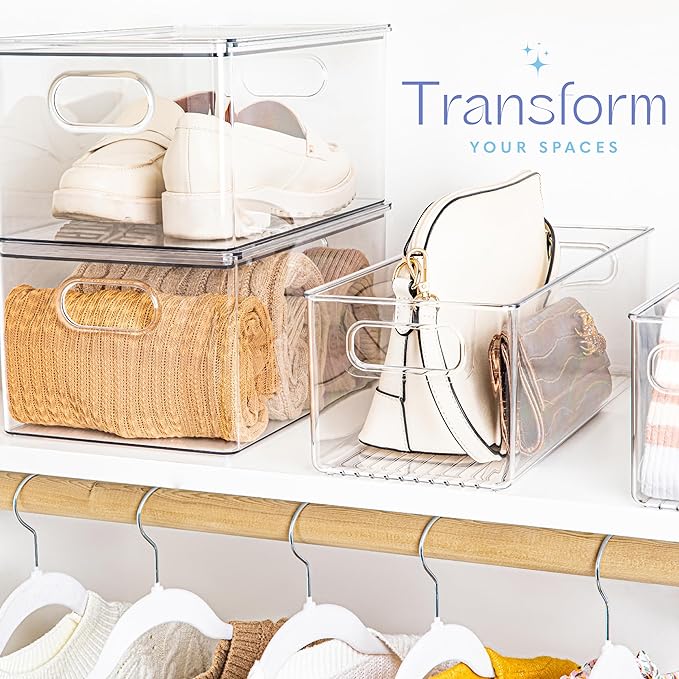Plastic Food Storage Clear Container Bin with Handles for Organizing Kitchen, Pantry, Fridge, Freezer, Pantry, Bathroom. 14"x6"5"