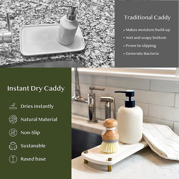 2PCS Water Absorbing Stone Soap Tray for Kitchen Bathroom Sink, Quick Dry Diatomaceous Earth Drying Rack and Shower Caddy, Soap Dispenser and Sponge Holder Organizer for Countertop, TWINKLE MOMENT; Pure White