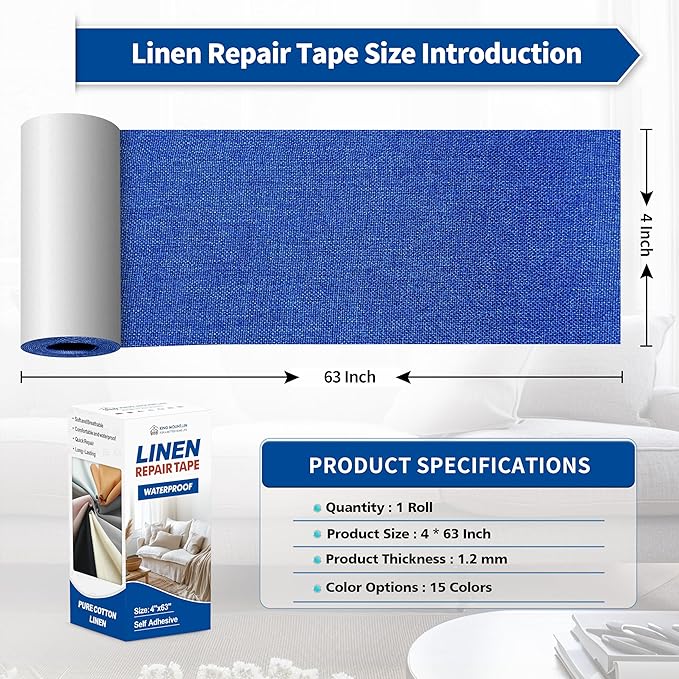 KING MOUNTAIN Linen Repair Patches, Self-Adhesive Fabric Patches, 4 X 63 inch Extra Size, Multi Color, Can be Used for Sofa Repair and Linen Clothes Repair (Navy Blue)