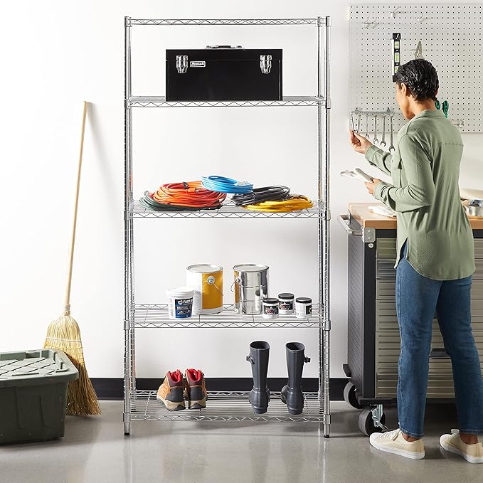 Amazon Basics 5-Shelf Adjustable Heavy Duty Steel Wire Rack Storage Shelving Organizer for Kitchen, Garage, 36" L x 14" W x 72" H, Chrome