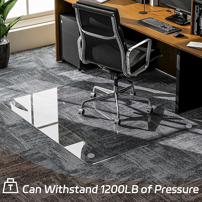 GLSLAND 46"x46" Tempered Glass Chair Mat Square Heavy-Duty Floor Protector for Carpet & Hard Floors Scratch-Resistant Office Computer Desk Mat 1/5" Clear