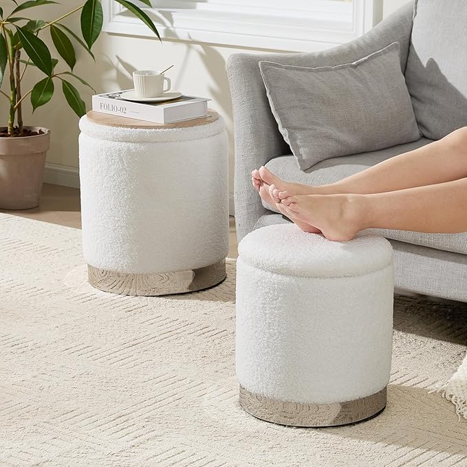 Royal Windsor Boucle Round Ottoman with Storage Set of 2, Vanity Stool with Storage for Bedroom, Ottoman Coffee Table Silver-Tone Ring Around The Base, Small Foot Stool for Living Room, White