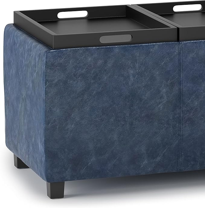SIMPLIHOME Avalon 42 inch Wide Contemporary Rectangle Storage Ottoman in Denim Blue Vegan Faux Leather, Assembled, for the Living Room, Entryway and Family Room