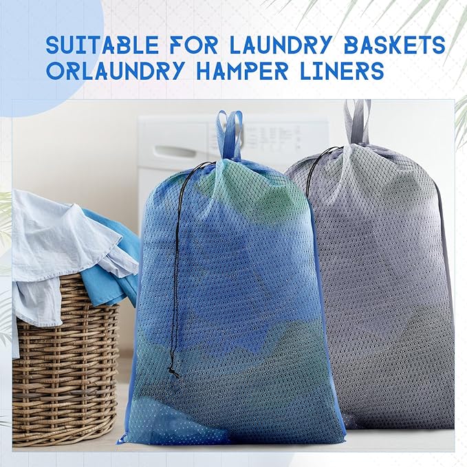 6 Pack 24 x 36 Inches Blue Mesh Laundry Bag with Handles Machine Washable Secure Drawstring Closure Large Sturdy Mesh Net Laundry for College Travel Dorm Laundromat
