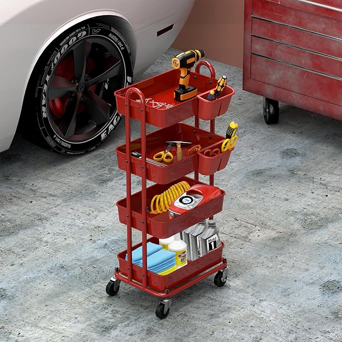 Simple Houseware 4-Tier Multifunctional Rolling Utility Cart with Hanging Buckets, Red