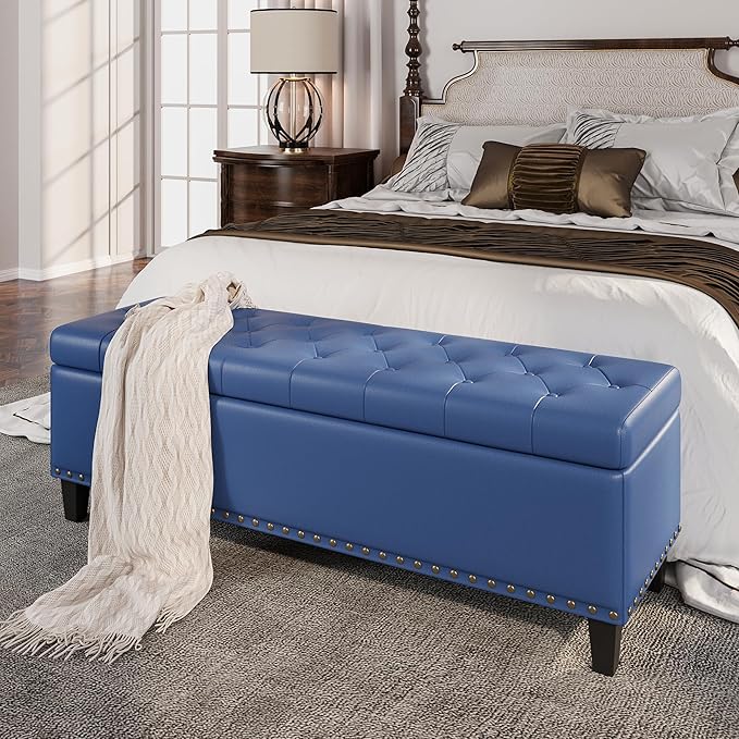 Storage Ottoman Bench, 51-Inch Large Storage Bench for Bedroom End of Bed, 30 Gallons Faux Leather Ottoman with Storage for Bedroom, Living Room, Entryway, Hallway, Blue