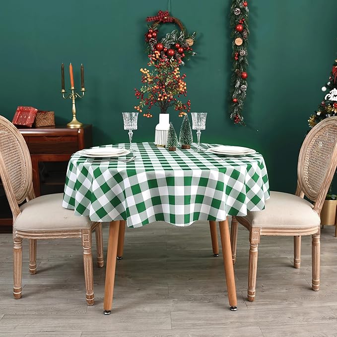 Waterproof Plaid Tablecloth Fabric - Round 58 Inch Classic Gingham Checker Table Cloth for Indoor/Outdoor Use - Buffalo Table Cover for Picnics, BBQs, and Parties
