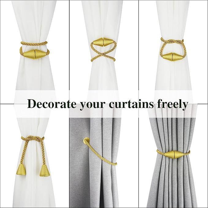 4 Pack Magnetic Curtain Tiebacks Rope Modern Handmade Curtain Tie Backs Decorative Drapes Weave Holdbacks for Window Décor, Gold