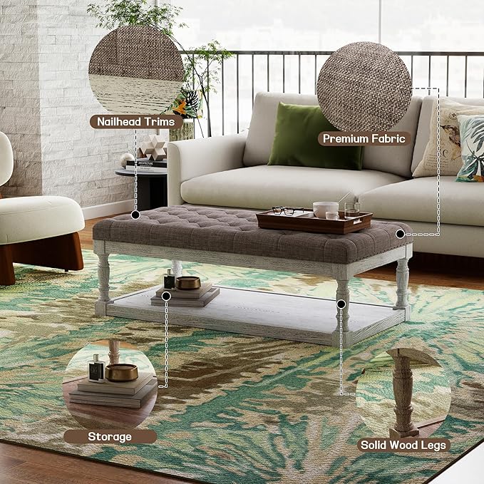 48" Large Ottoman with Storage Coffee Table, Upholstered Tufted Linen Ottoman Bench with Solid Wood Shelf for Living Room, Bedroom, Holds 250lbs (Light Gray)