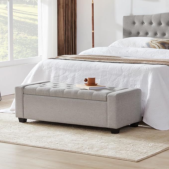 48" Ottoman with Storage, Large Storage Ottoman Bench for Bedroom with Safety Hinge, Upholstered Window Benches, End of Bed Bench for Living Room, Entryway Bench with Seating, LightGray