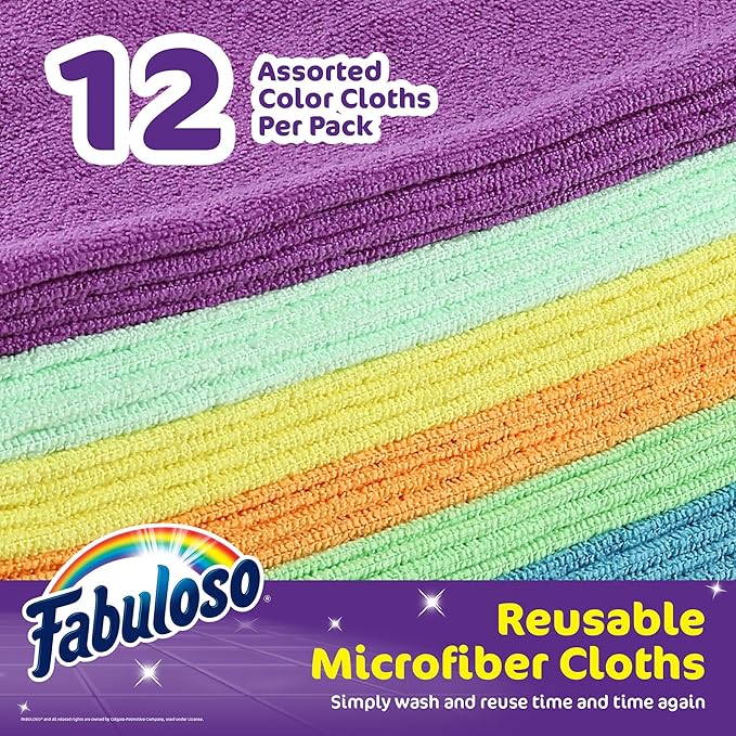 Fabuloso Microfiber Cleaning Cloths, Rainbow - Lint-Free, Scratch-Free Cleaning Cloths for Surfaces and Wood Furniture - Dustless Cloth for Bold and Bright Cleaning Experience, 12 Count