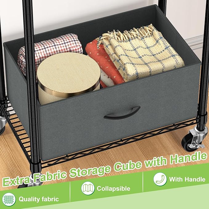 Clothes Rack with Drawers, Freestanding Rolling Garment Rack for Hanging Clothes, Closet Organizer Adjustable Metal Wire Shelving Wardrobe with Rods Portable Closet Shelf with Wheels, Black