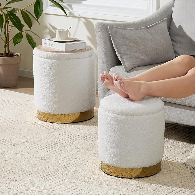 Royal Windsor Boucle Round Ottoman with Storage Set of 2, Vanity Stool with Storage for Bedroom, Ottoman Coffee Table Gold-Tone Ring Around The Base, Small Foot Stool for Living Room, White